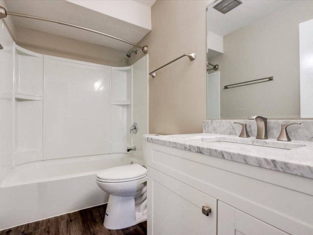 a bathroom with a sink and a toilet and a bath tub