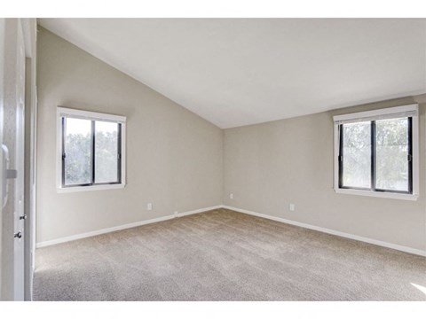 an empty bedroom with two windows and carpeting