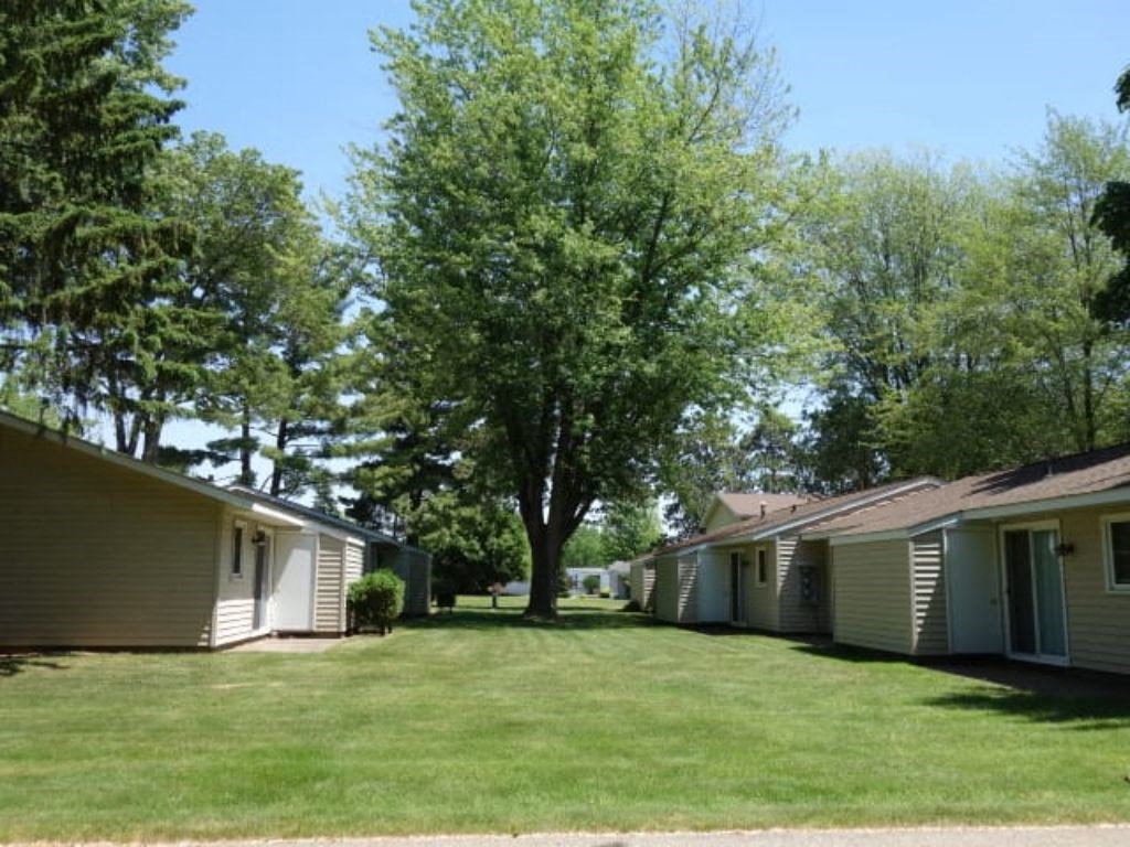 a row of houses in a yard with a tree
