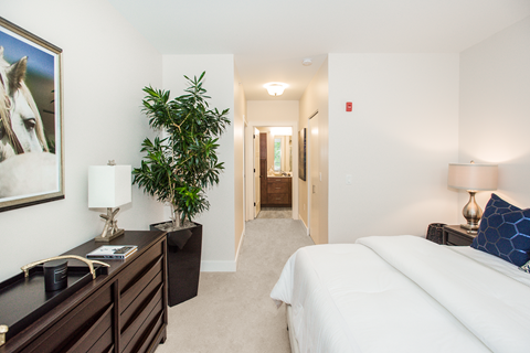 A bedroom with a bed, nightstand, and a plant.