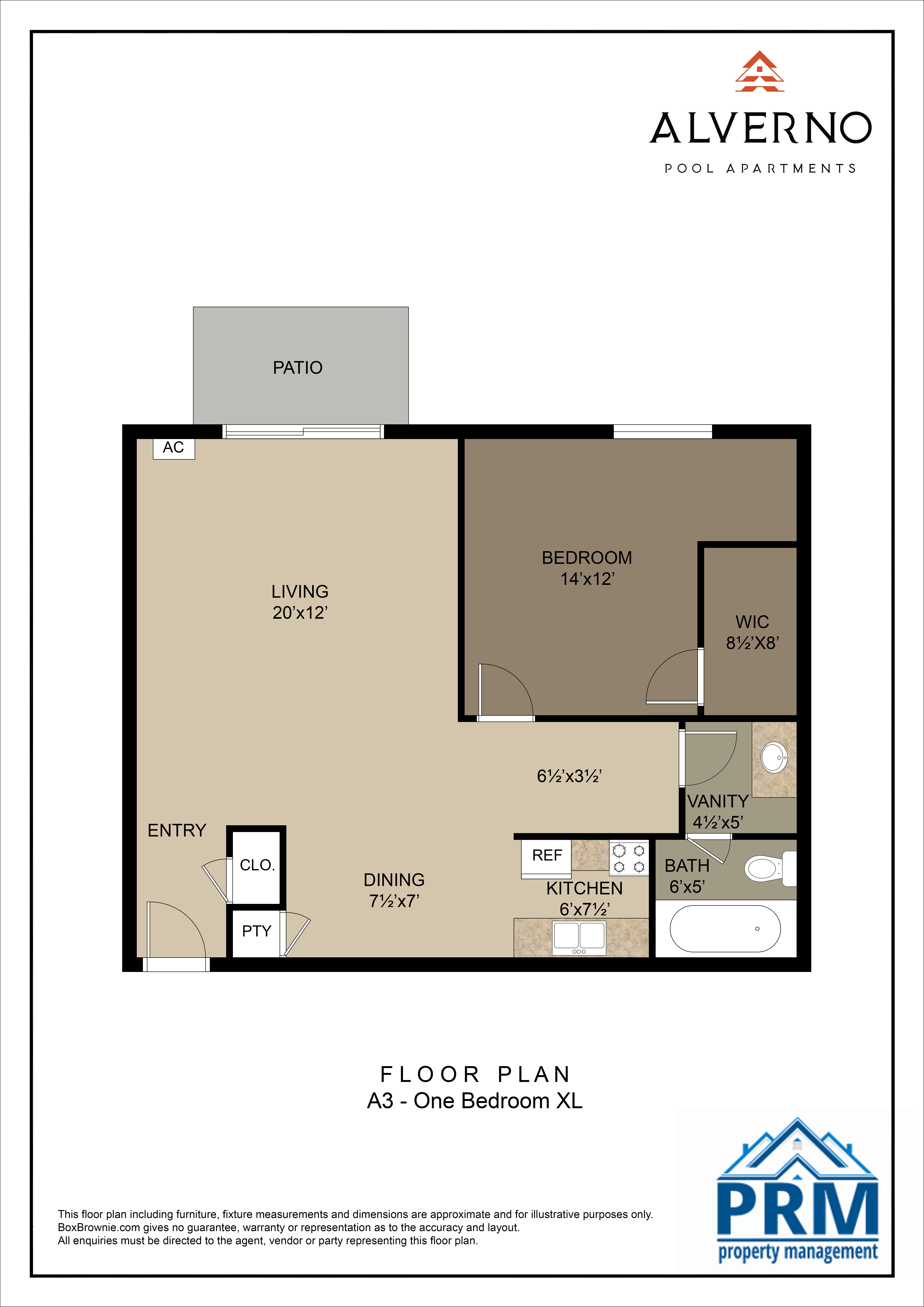 A floor plan for a one bedroom apartment with a living area, dining area, kitchen, bathroom, and bedroom.