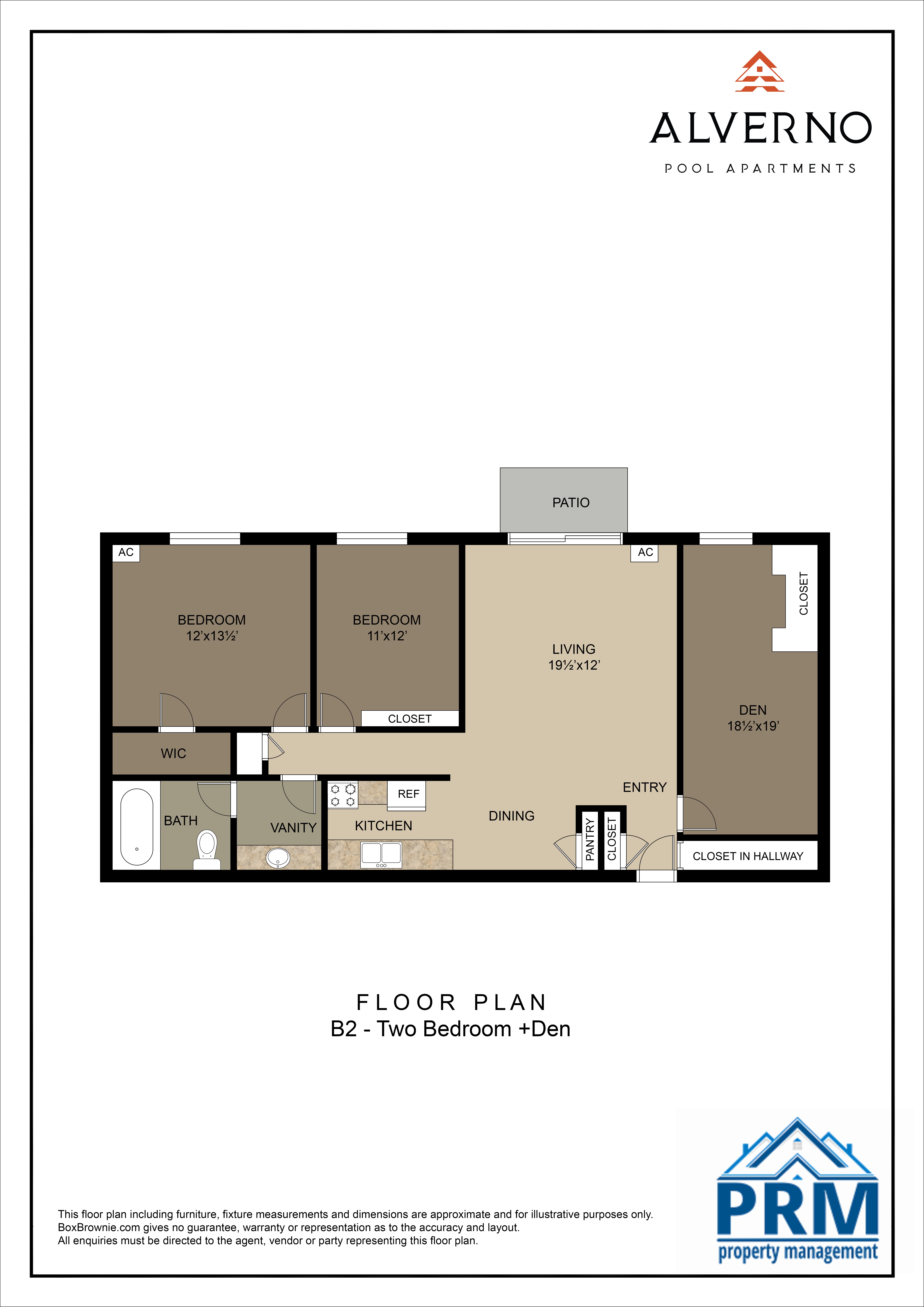 A floor plan for a two bedroom apartment with den.