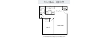 A floor plan of a 1 bedroom, 1 bathroom apartment that is 675 square feet.