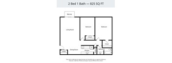 A floor plan of a 2 Bed 1 Bath apartment sized at 825 square feet.