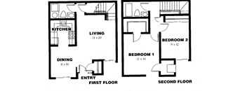 A black and white image of a floor plan for a two-story home.
