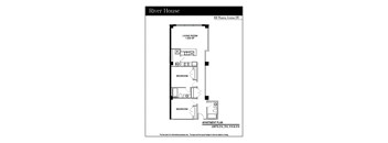 a floor plan of a river house with a bedroom and a living room