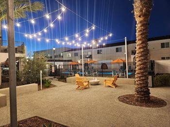 A palm tree is in the foreground of a lit up patio area.