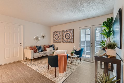 living room view platinum unit at Sixteen60 Apartment Homes, San Bernardino, CA
