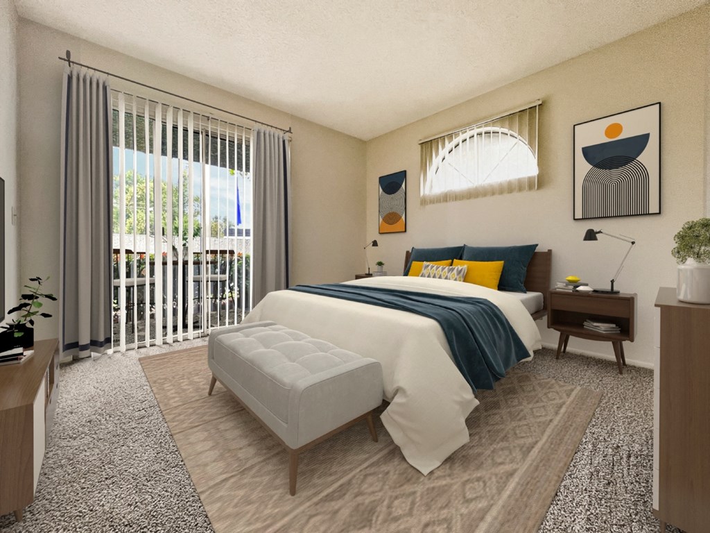 a bedroom with a bed and a sliding glass door at Azul Apartments, Hemet, CA, 92545