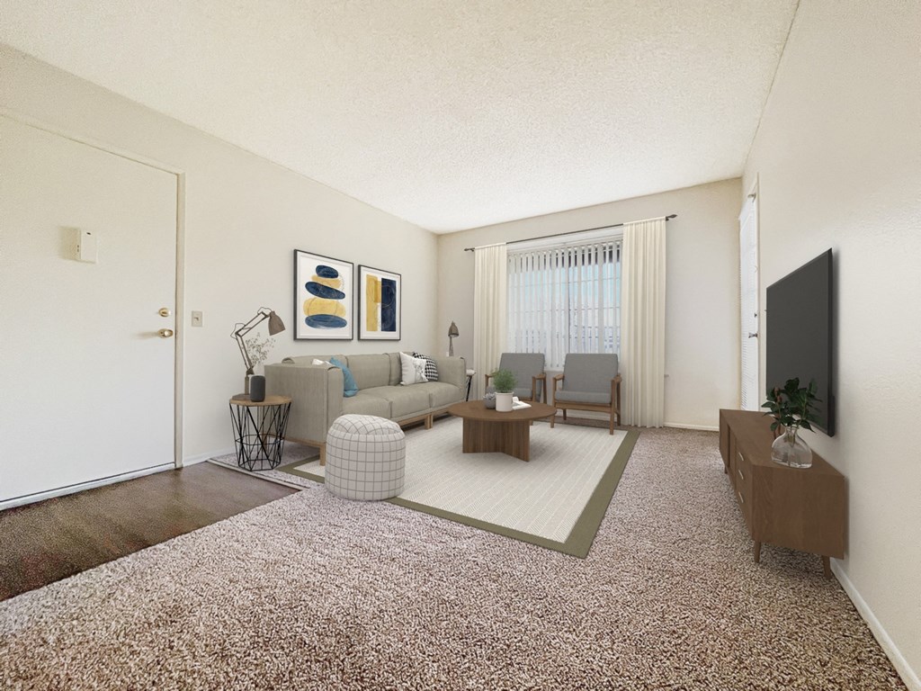 a living room with a couch and a table