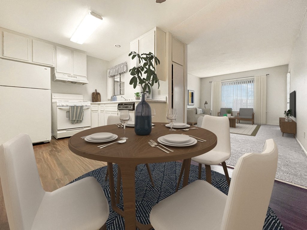 a living room and dining room with a table and chairs at Azul Apartments, Hemet, CA, 92545