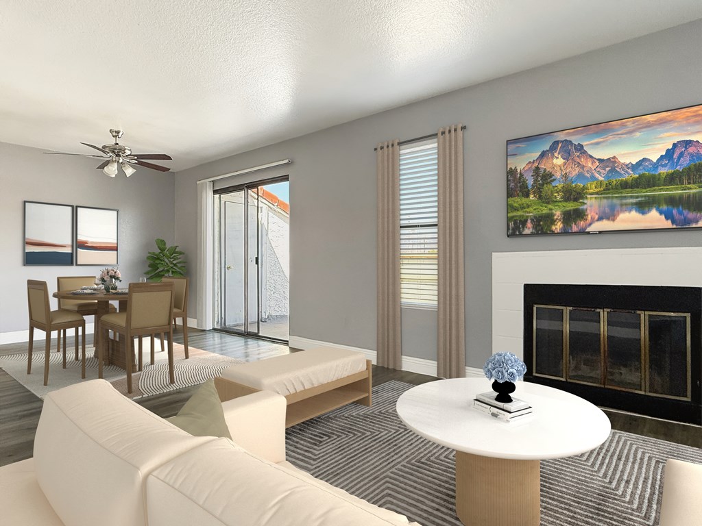 Living Room With Fireplace at Broadview Apartments, California