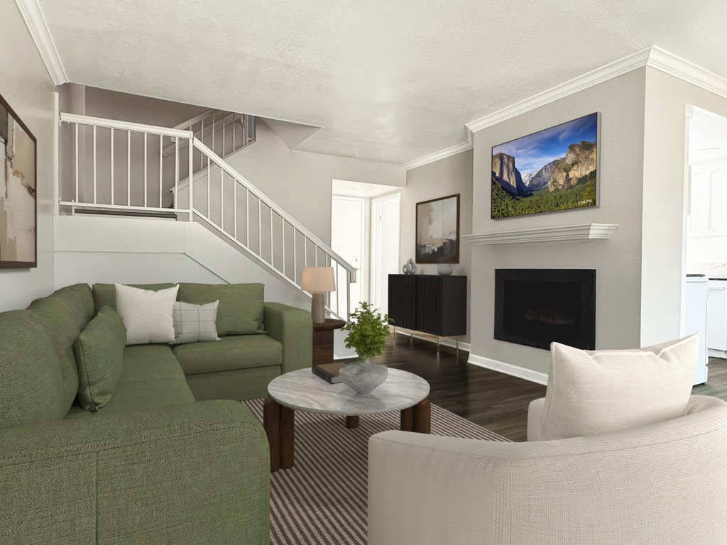 Living Room With Fireplace at Charlmont Village Apartments, Ontario, CA
