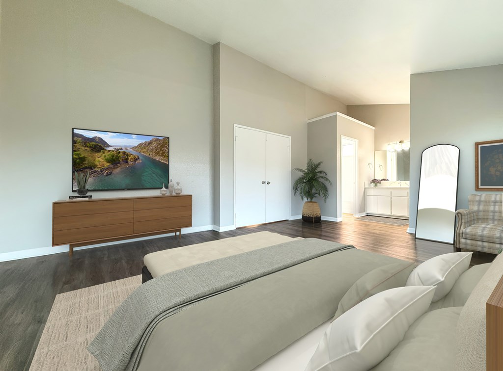 Bedroom With TV at Charlmont Village Apartments, Ontario California