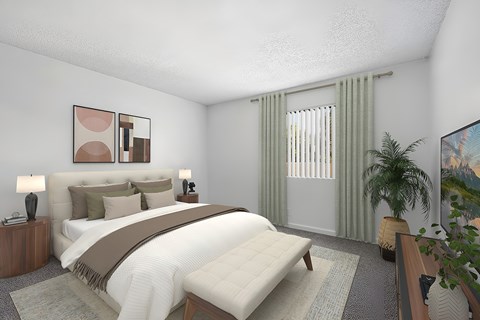 Primary bedroom in 1005 Via Zapata 2 Bedroom apartment home with plush carpeted flooring, large windows, private bathroom and spacious closet.