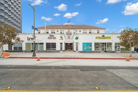 Streetview of 6128 Wilshire with commercial spaces out front, and unique retro LA architecture