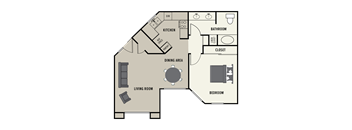 A floor plan of a 1 bedroom 1 bath apartment showing a living room, dining area, kitchen, and bedroom.