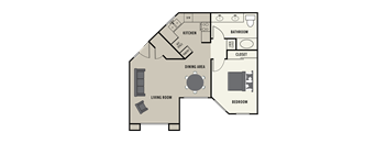 A floor plan of a 1 bedroom 1 bath apartment  showing a kitchen, living room, dining area, bedroom, bathroom, and closet.