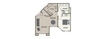 A floor plan of a 1 bedroom 1 bath apartment  showing a kitchen, living room, dining area, bedroom, bathroom, and closet.