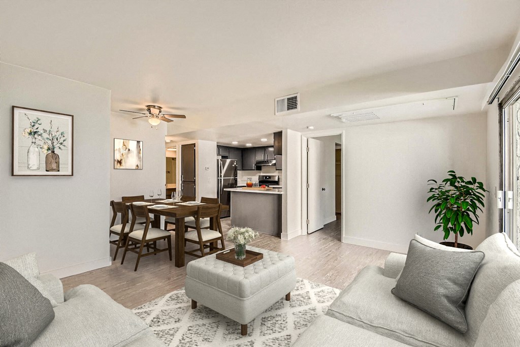 wide living room view with kitchen in background at Azul Apartments, Hemet, CA, 92545