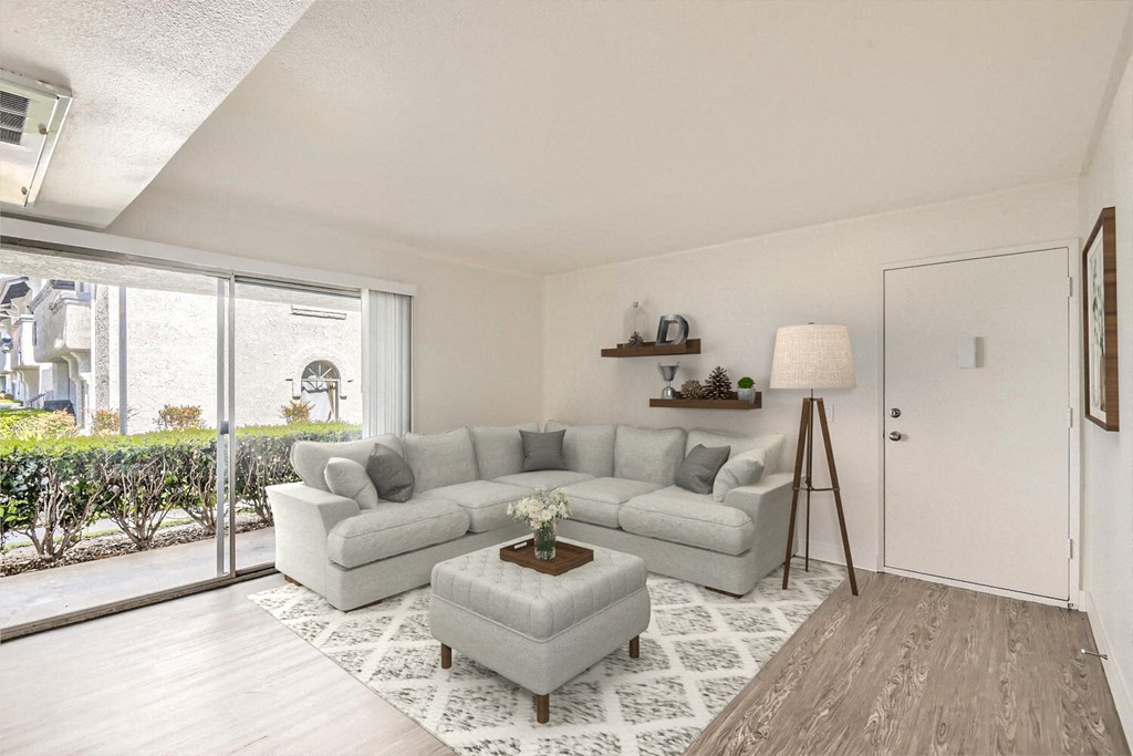 living room with patio view at Azul Apartments, Hemet, CA, 92545