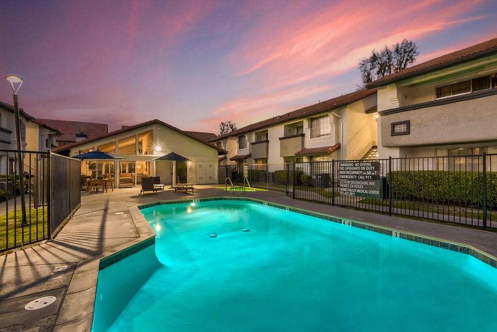 Pool View Twilight view at Azul Apartments, Hemet, 92545