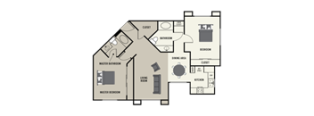 A floor plan of a 2 bedroom 2 bath apartment with two master bedrooms, a living room, kitchen, dining area, and bathrooms.