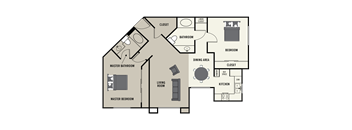 A floor plan of a 2 bedroom 2 bath apartment with a living room, dining area, kitchen, two bedrooms, and two bathrooms.