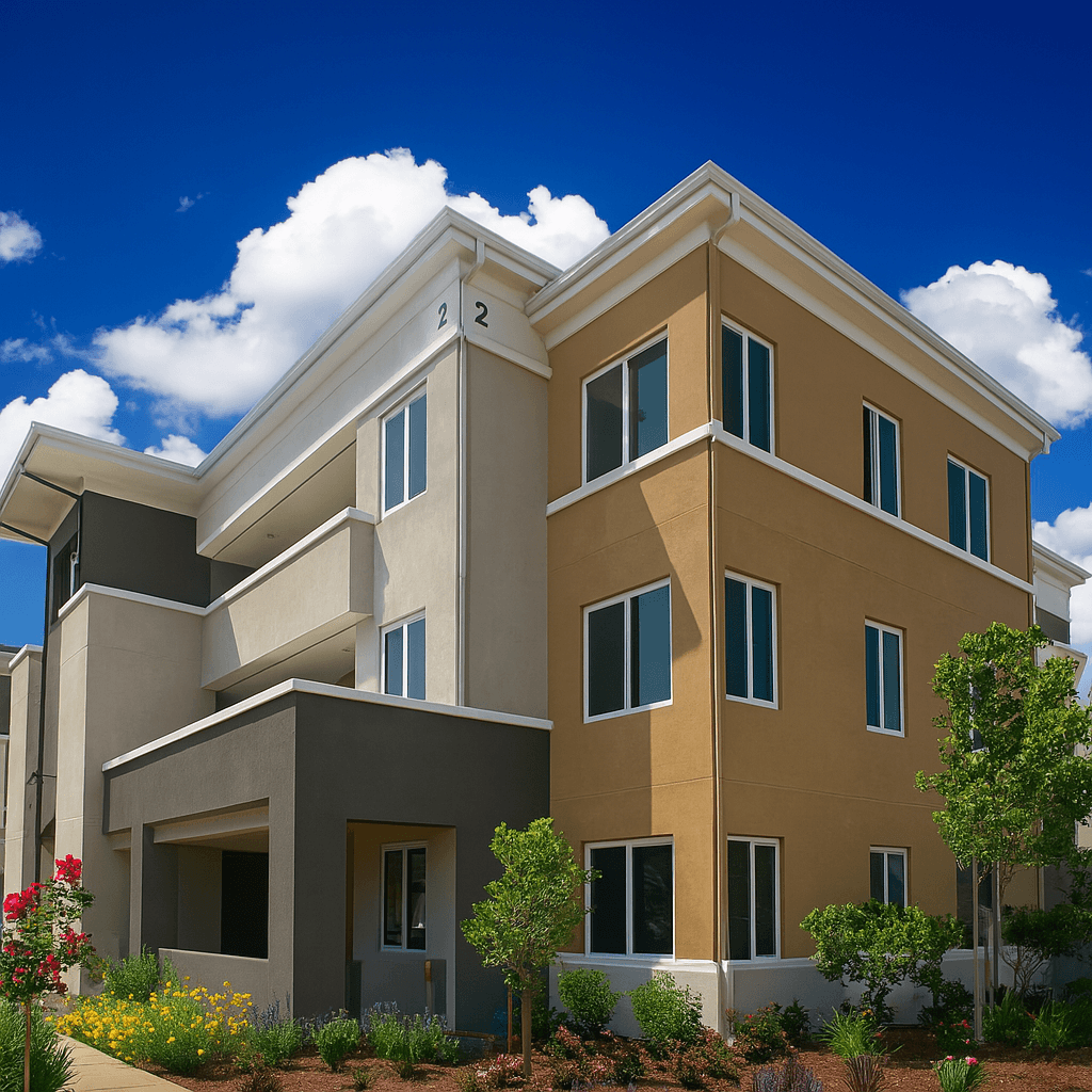 A modern two-story house with a beige and white exterior and a landscaped front yard.at The Park on Washington, Murrieta