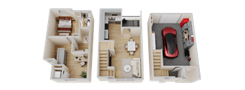 three dimensional floor plans of a house and a car
