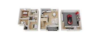 three dimensional floor plans of a house and a car