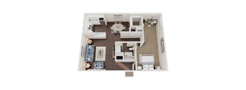 A top-down view of a well-organized apartment with a living room, dining area, kitchen, and bedrooms.