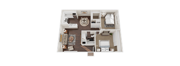 A top-down view of a small apartment layout with a living room, kitchen, and bedroom.