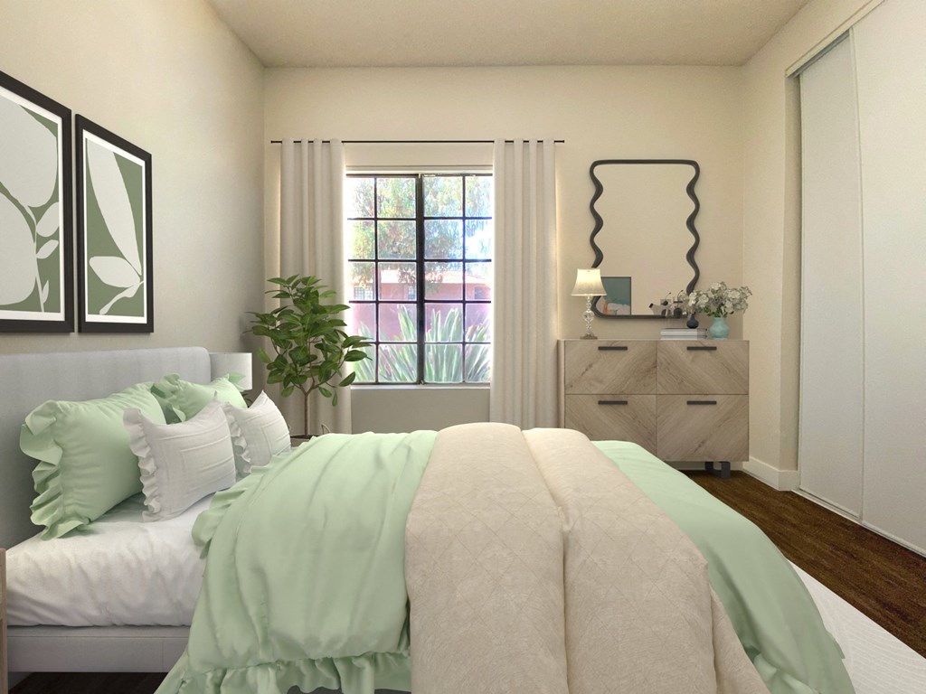 a bedroom with a bed and a dresser and a window at Summer Meadows, Riverside, CA, 92507