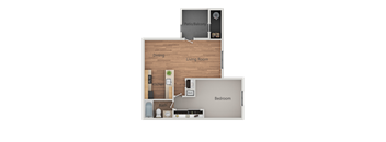 A floor plan of a house with a living room, dining room, kitchen, bathroom, bedroom and a balcony.