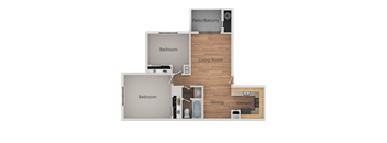 A floor plan of a house with two bedrooms, a living room, a dining area, a kitchen, a bathroom, and a patio/balcony.