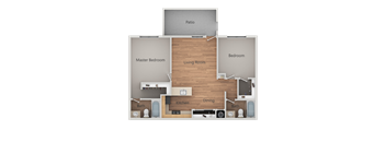 A floor plan of a house with a living room, dining room, kitchen, two bathrooms, a master bedroom, and a bedroom.