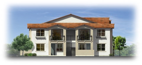 A two-story house with a red tile roof and white walls.