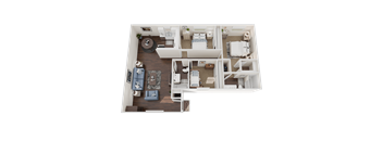 A top-down view of a well-organized apartment with multiple rooms and furniture.