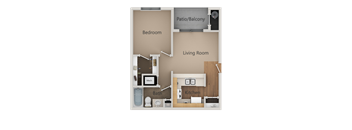 A diagram of a small apartment with a bedroom, living room, kitchen, and bathroom.