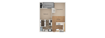 A floor plan of a small apartment with a bedroom, living room, kitchen, dining area, bathroom, and a patio/balcony.