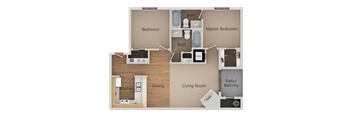 A floor plan of a home with a master bedroom, two bathrooms, a living room, a dining area, a kitchen, and a patio/balcony.