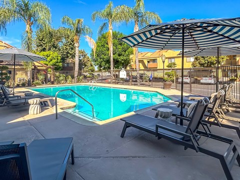 swimming pool with chair lounge and umbrella