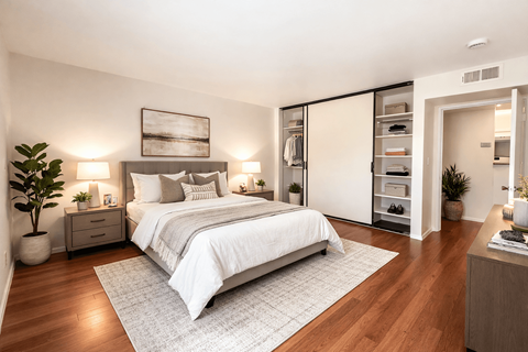 A bedroom with a large bed, a nightstand with a lamp, and a plant on the side table.