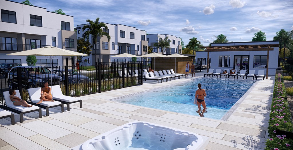 a rendering of a swimming pool at an apartment building with people in it