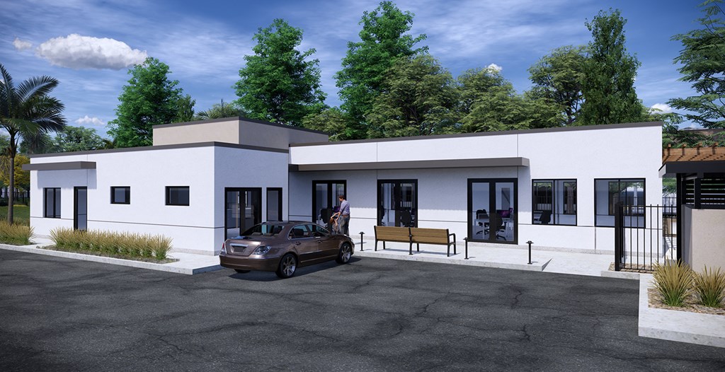 a rendering of a white house with a car parked outside