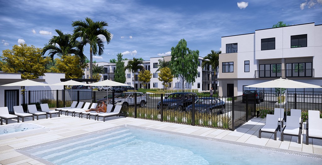 a rendering of a pool with chairs and umbrellas at an apartment complex