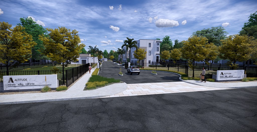 a rendering of a street with a car driving down it