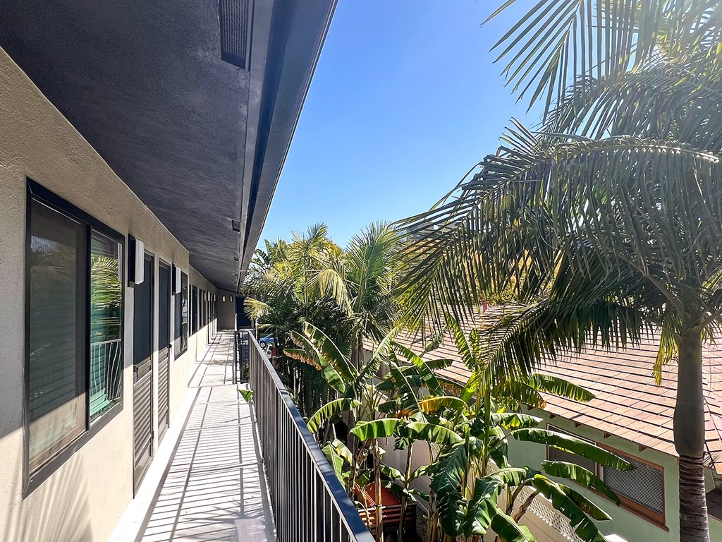 a balcony with a view of palm trees