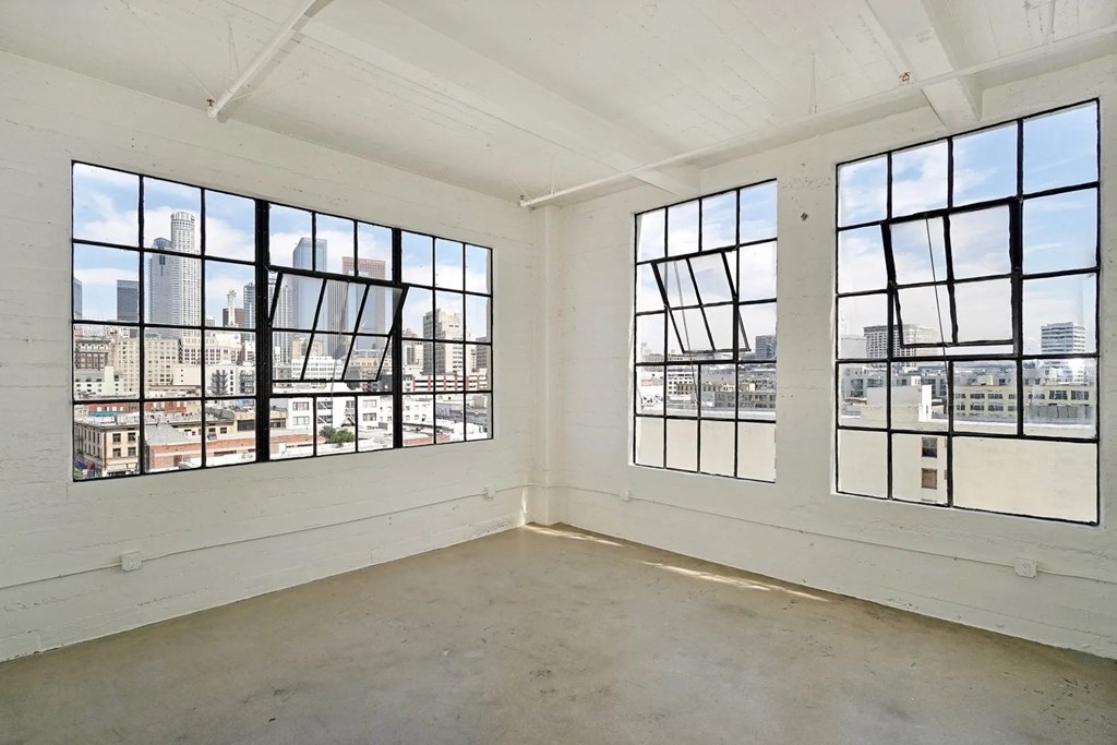 GamerHive Apartments Vacant unit  Livingroom with view of downtown LA